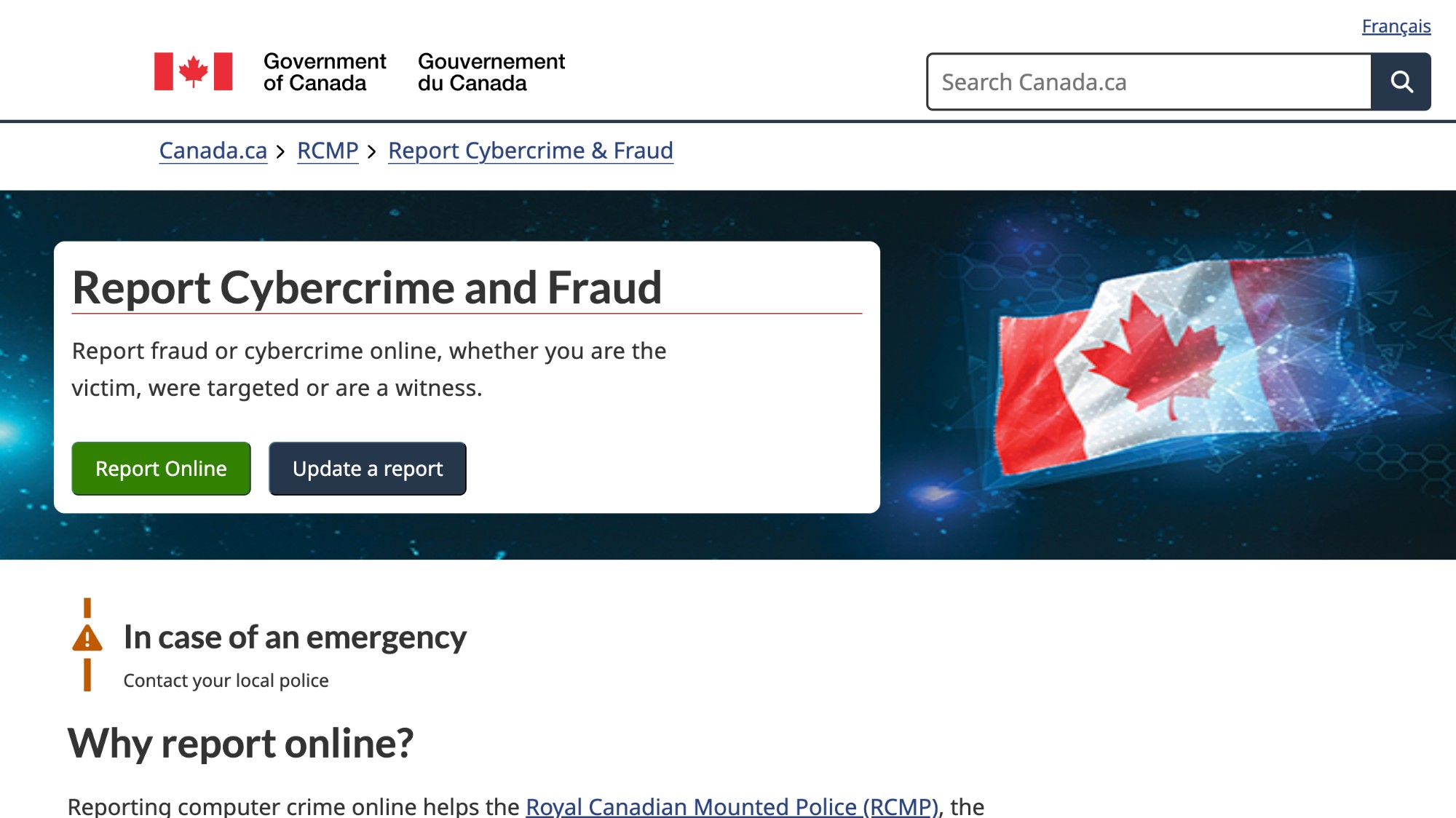 Report Cybercrime and Fraud homepage