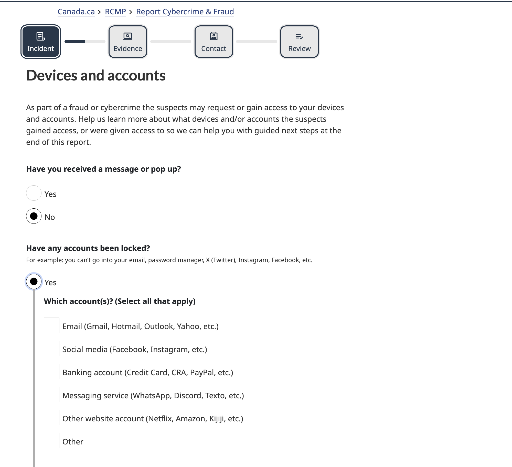 Form page showing incident details