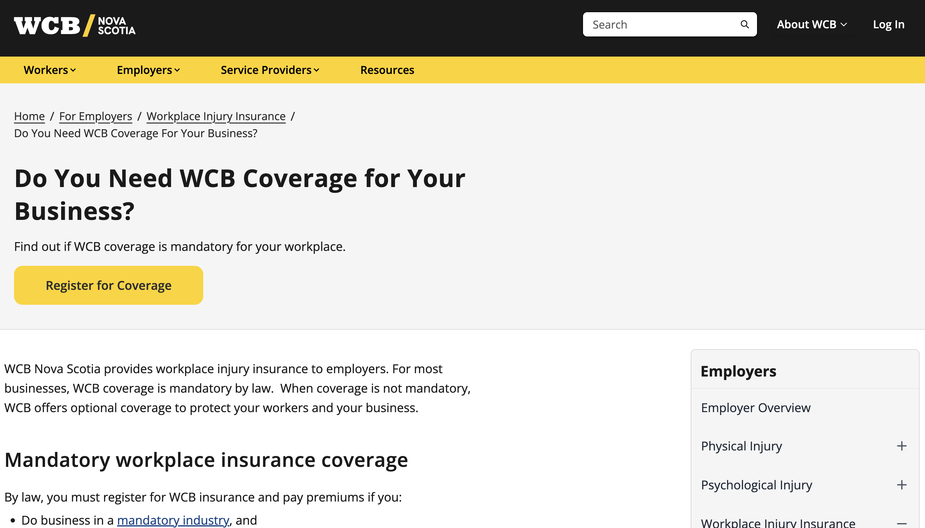 WCB coverage information page