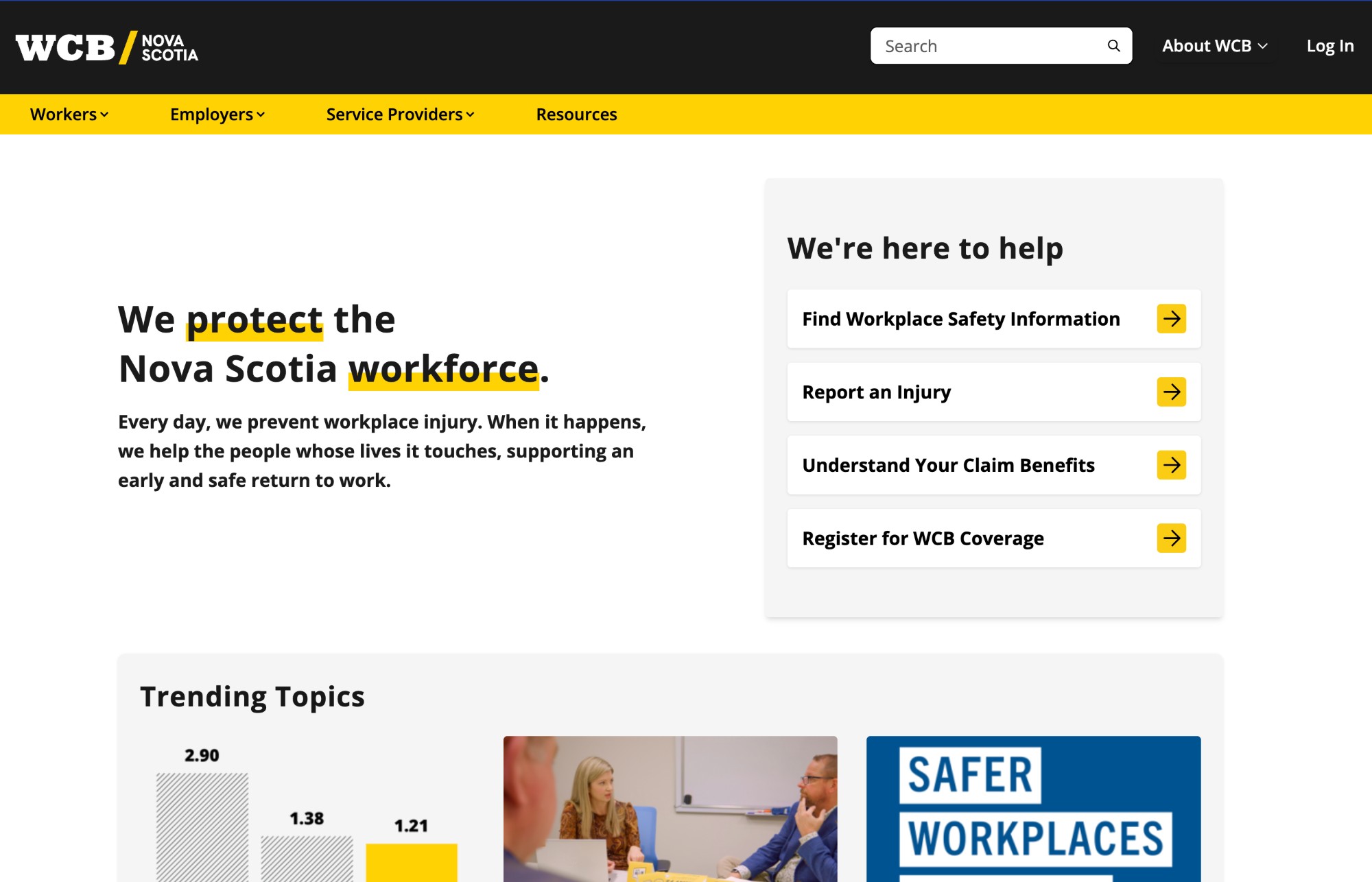 WCB Nova Scotia homepage showing main value proposition