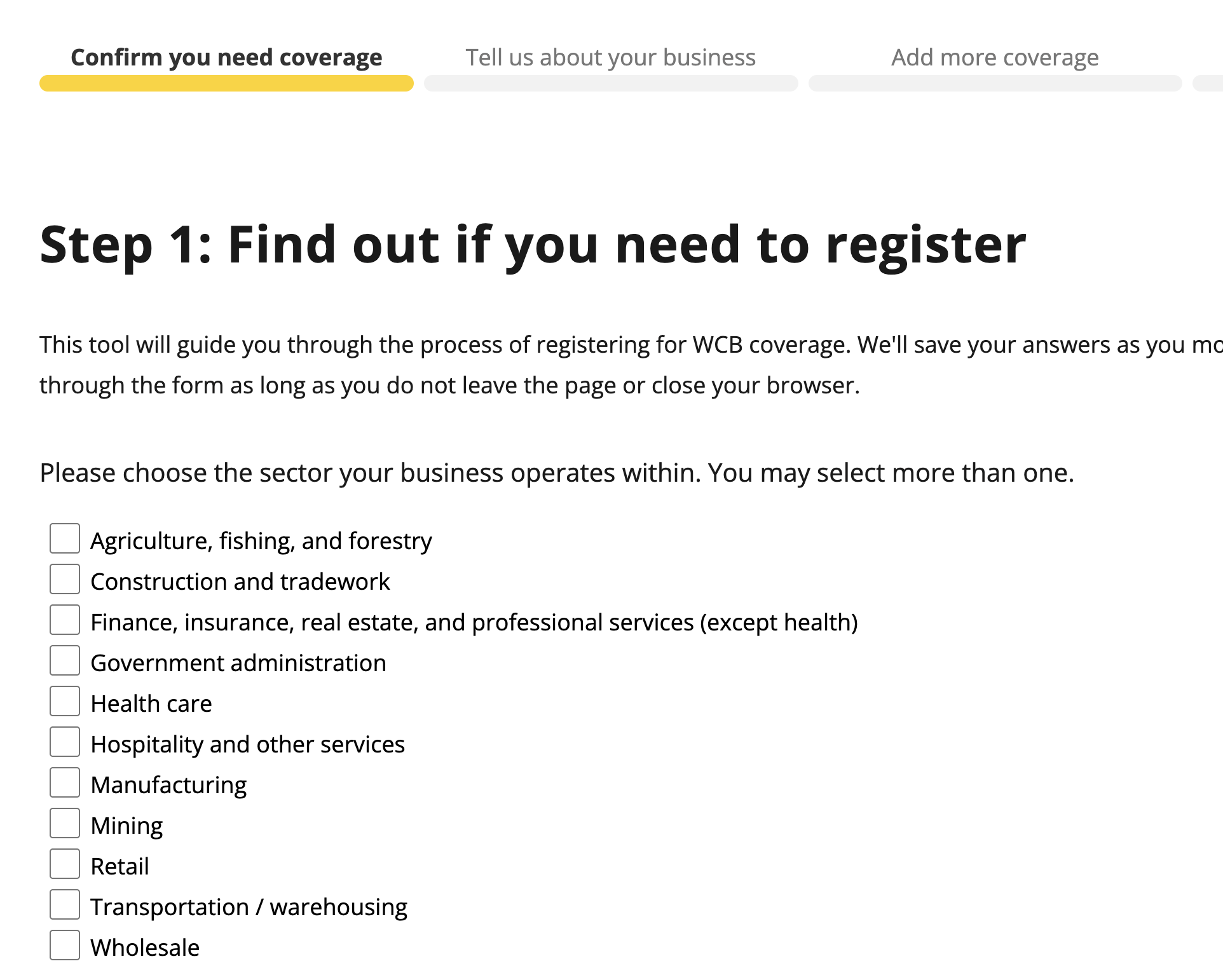 Multi-step employer registration form with industry sectors