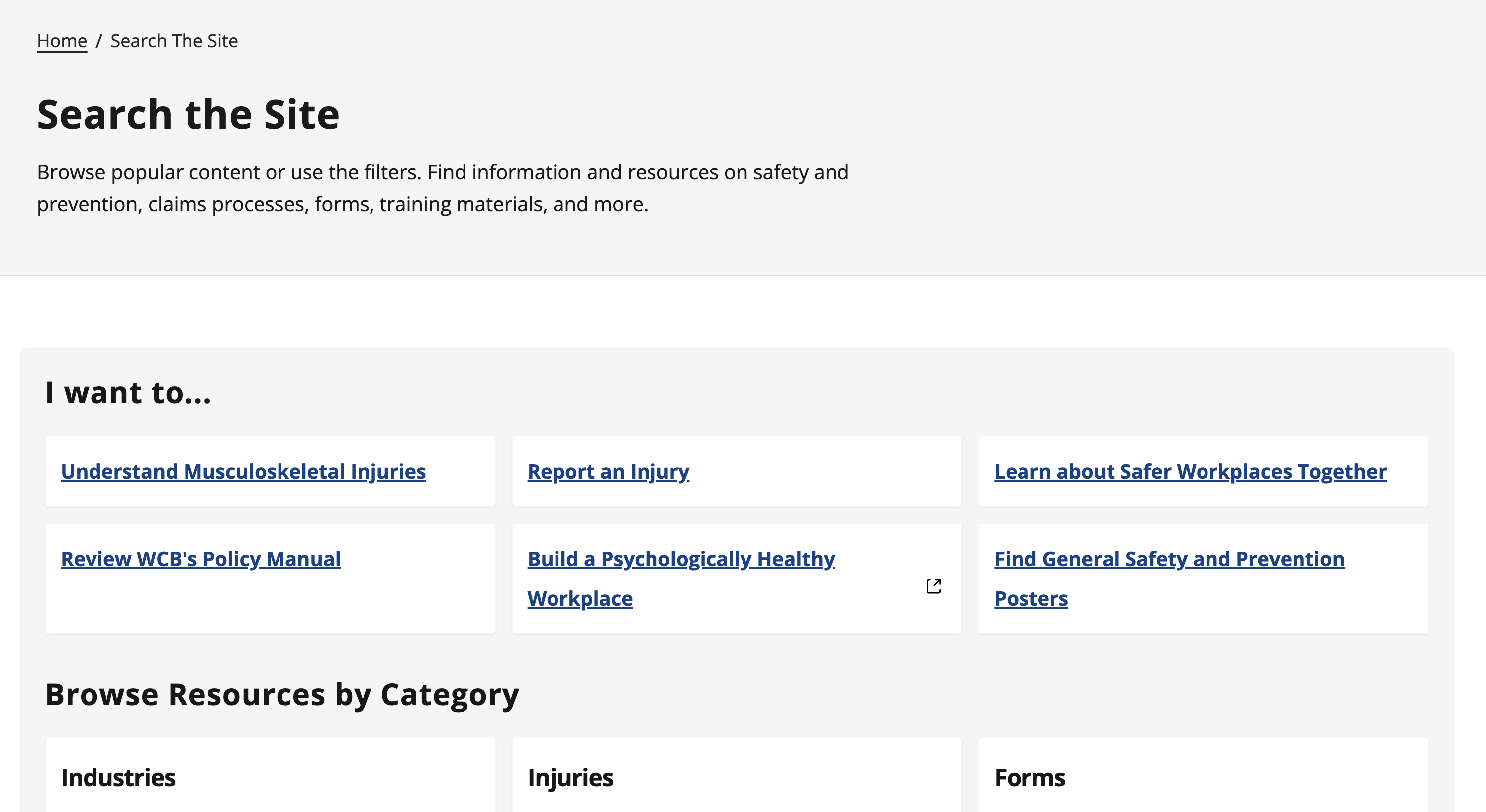 Resources page with searchable content and filters